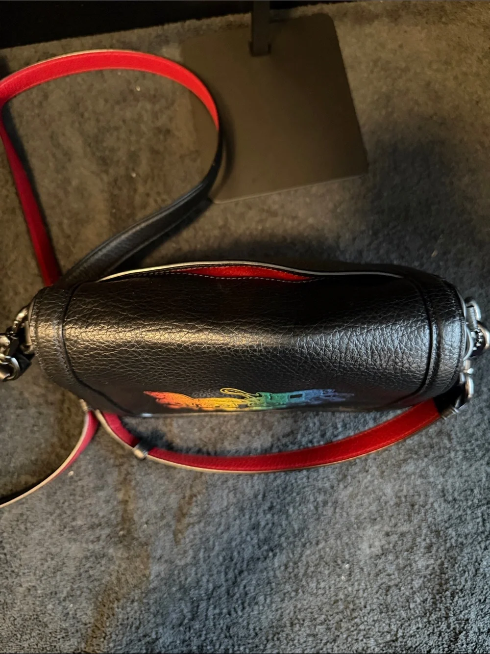 Coach Black Pebbled Leather Crossbody with Rainbow Coach Patch and Red Strap